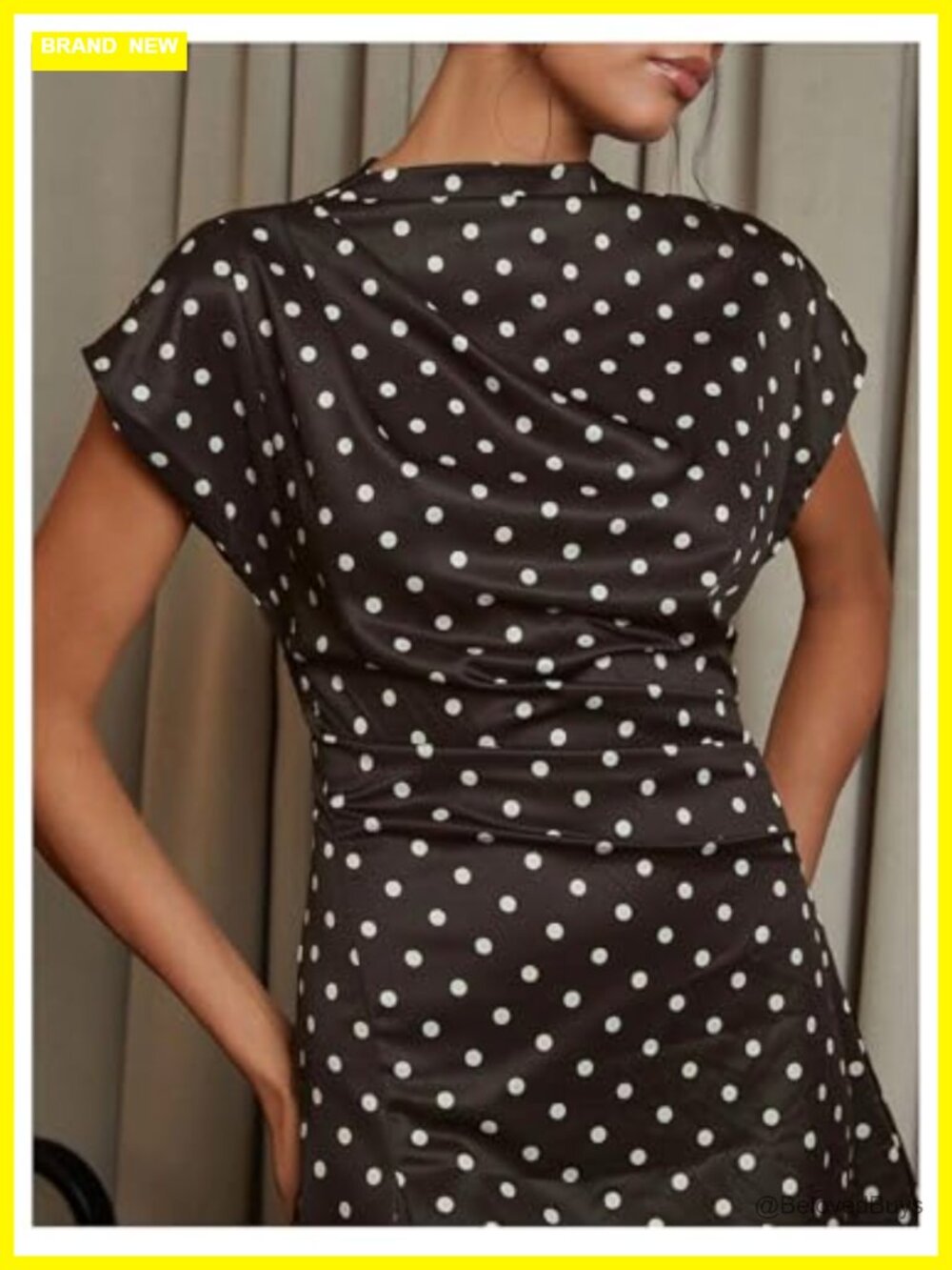 Polka Dot Mock Neck Mini Dress Ruched Sleeve Party Bodycon - Picture 3 of 4